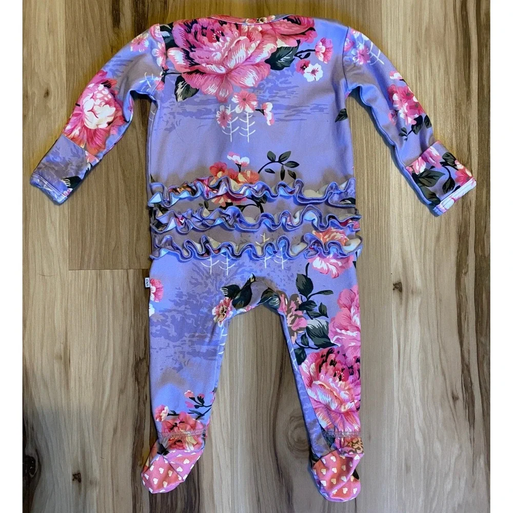 Double the Sprinkles Violet Baby Ruffle Pajama Purple Floral Sleeper Romper 0-3M